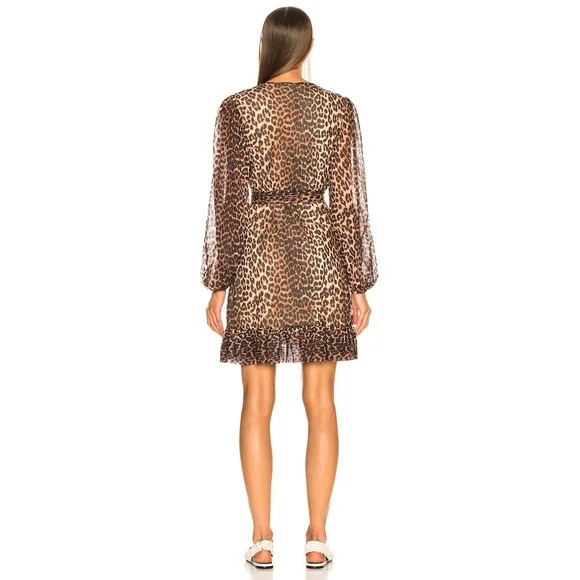 Ganni Animal Print Mesh Mini Wrap Dress Size Small 36 - Picture 2 of 15